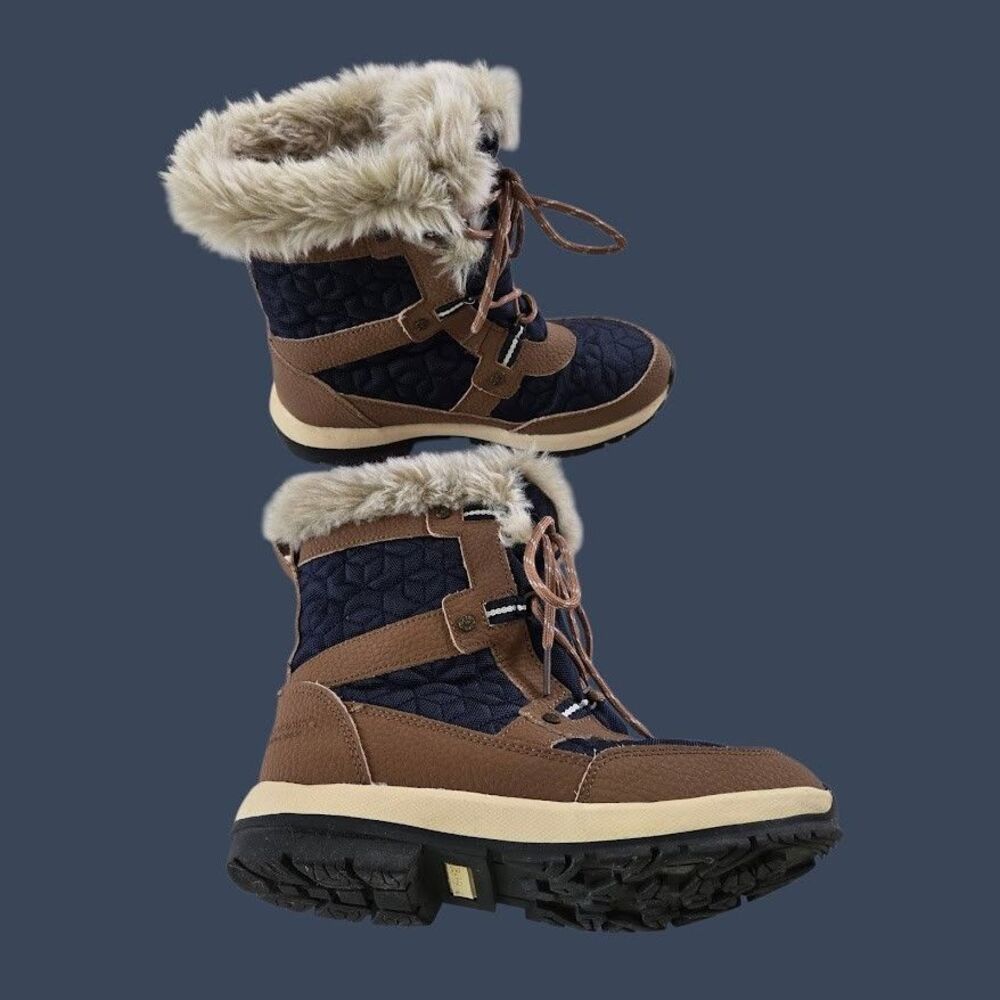 Ladies 7 Bearpaw Marina Snow Boots Waterproof Quilted Navy BRN Leather Faux Fur - Picture 3 of 13